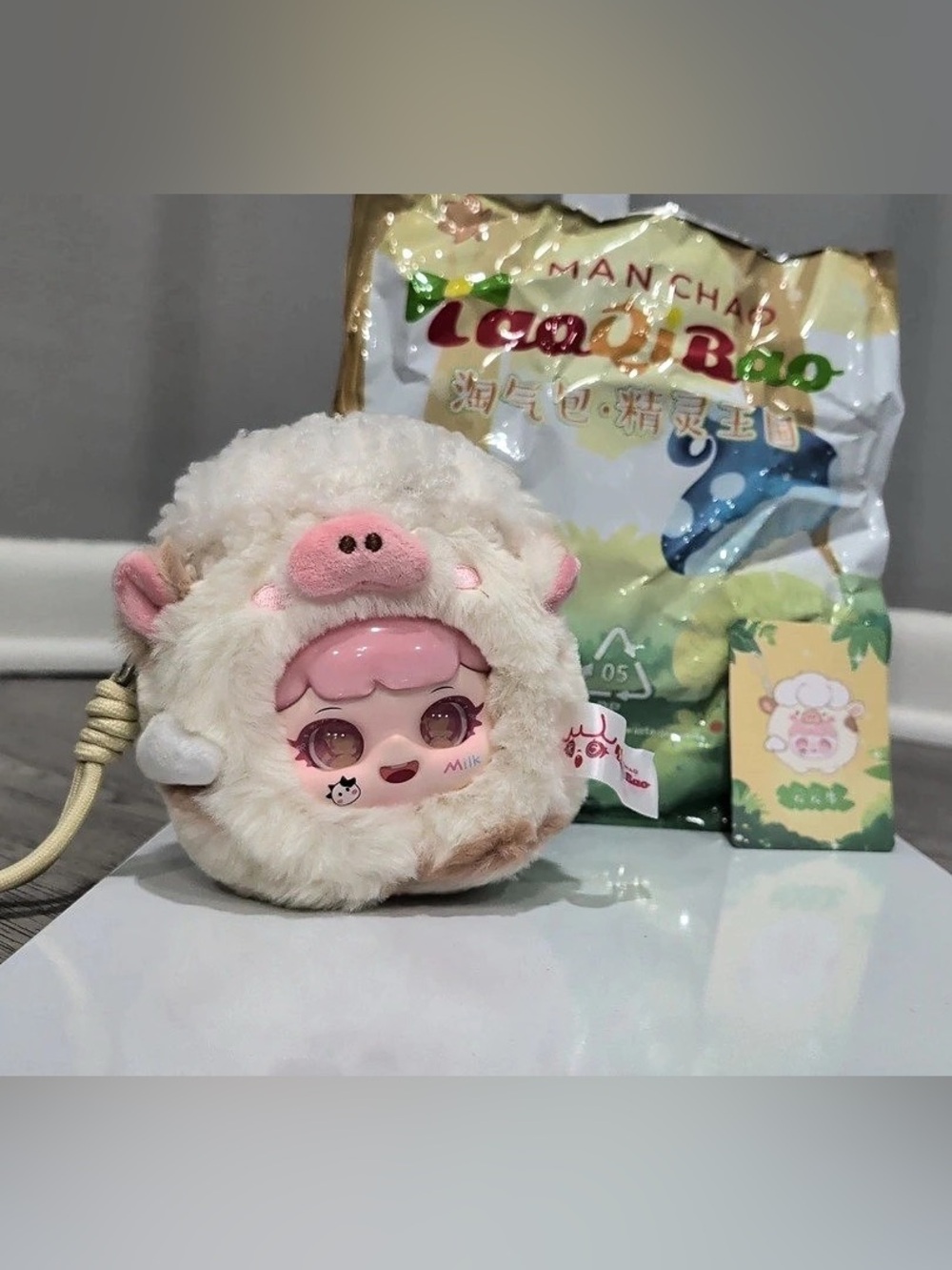 Man Chao TaoQiBao Cream Cow Plush Bag Charm w/Bag/Card